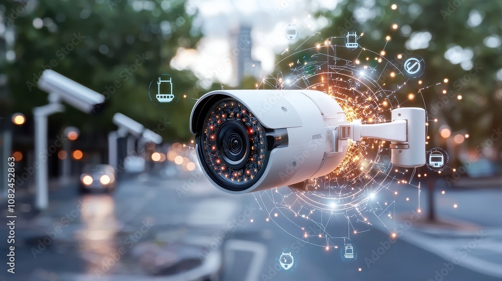 Poster modern security surveillance camera with digital interface and location markers used in urban enviro