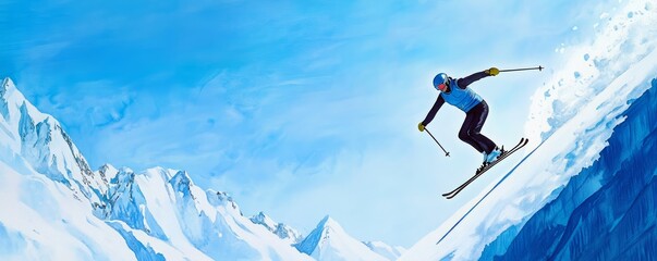 Skier in midjump on a snowy mountain slope