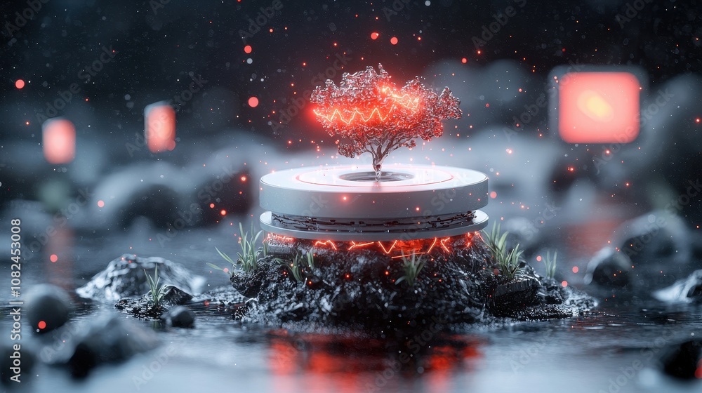 Poster enchanting futuristic landscape with glowing tree and radiant textures surrounded by calm waters and