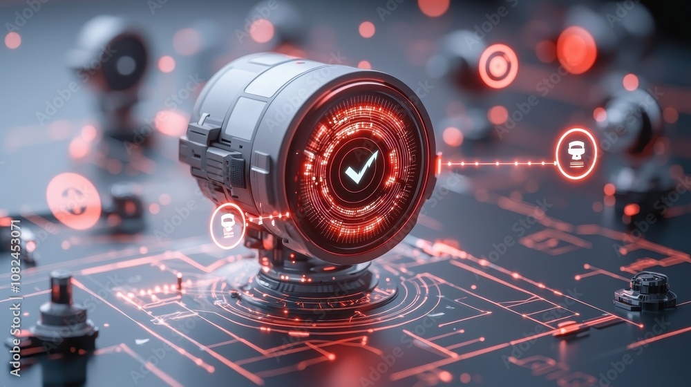 Poster futuristic digital interface featuring a high-tech device with red and black design elements, symbol
