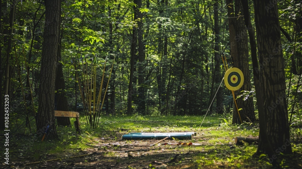 Poster A tranquil archery range set in a lush forest, Bows and arrows neatly arranged, Nature-inspired minimalist style
