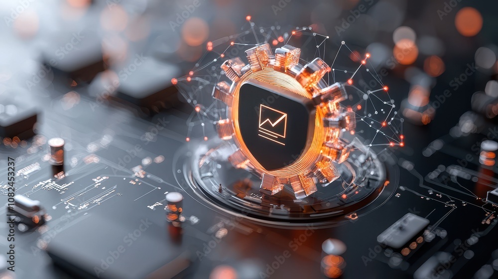 Poster abstract digital artwork showcasing a futuristic shield symbolizing protection and security in techn