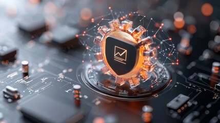 Fototapeta premium Abstract digital artwork showcasing a futuristic shield symbolizing protection and security in technology, surrounded by glowing connections and circuit patterns against a dark background