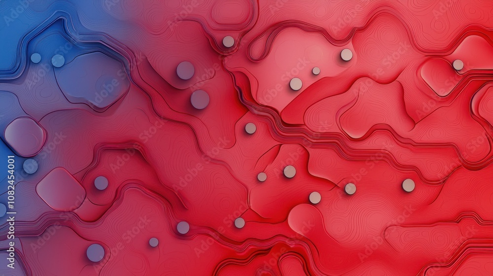 Poster Quantum computing of cryptography concept. An abstract design featuring wavy red and blue patterns with circular elements, creating a vibrant, dynamic visual texture.
