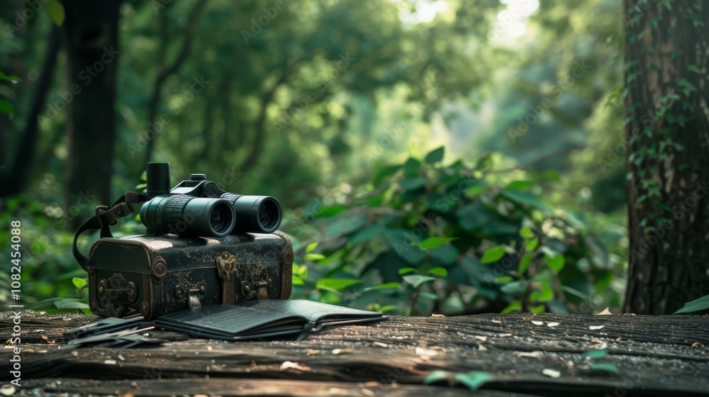 Poster a tranquil bird-watching setup in a lush forest, binoculars and guidebooks placed, nature-inspired m