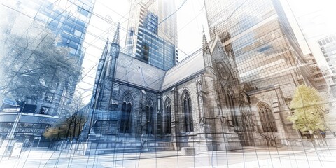 An urban sketch of a bridge over a river with cityscape in the background
