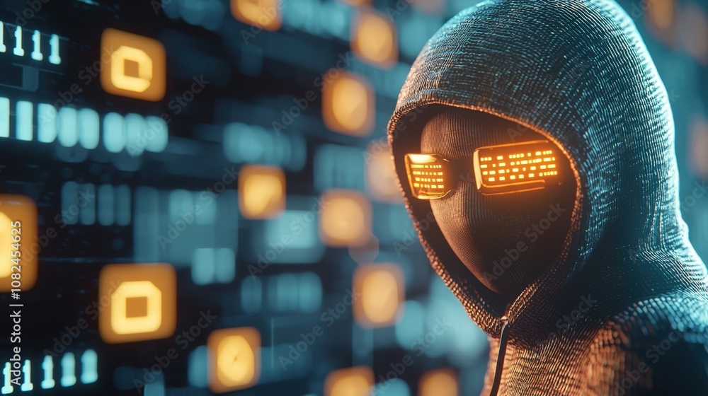 Wall mural a hooded figure stands against a digital backdrop, featuring glowing binary codes and futuristic ele