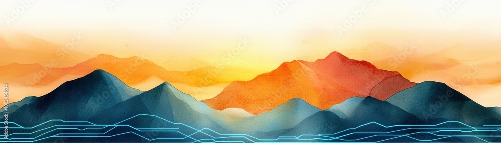 Poster quantum computing of cryptography concept. a serene landscape featuring colorful mountains and a glo