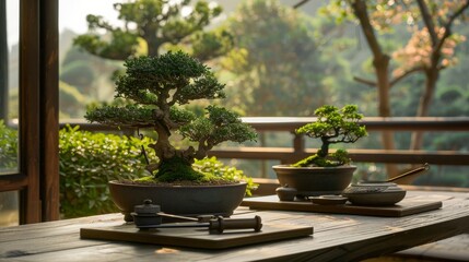 A tranquil bonsai garden with pruning tools and miniature trees, Bonsai specimens carefully shaped, Japanese horticulture style