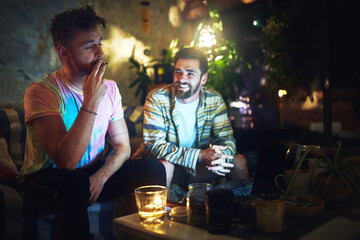 Friends, relax and men with weed in home for smoking habit, cannabis and drugs at night. Smoker,...