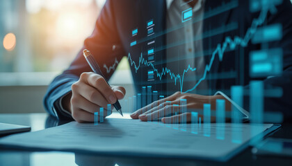 Close-Up of Businessman Writing Financial Report: A close-up of a businessman writing a financial report with stock market data overlay, representing analysis and strategy.