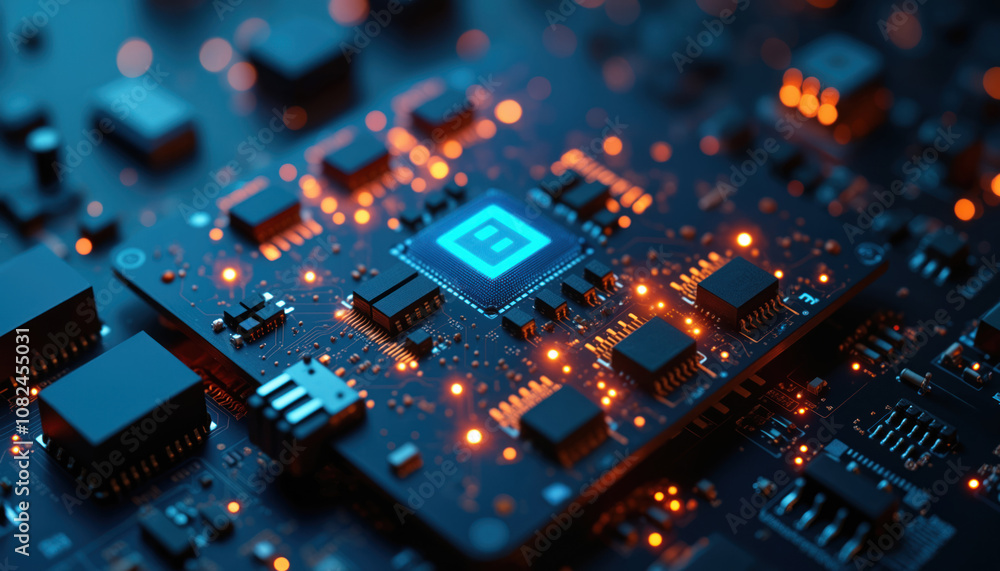 Poster blue circuit board with microchip: a close-up of a microchip on a blue circuit board, symbolizing ad