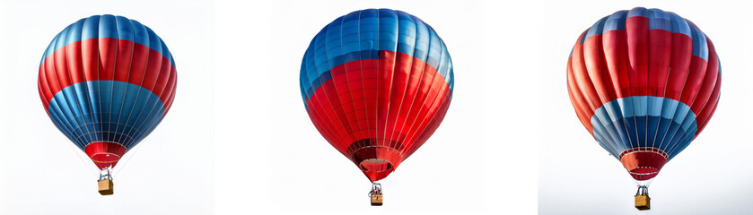 Obraz premium Three red and blue hot air balloons with white baskets are shown against a white background.