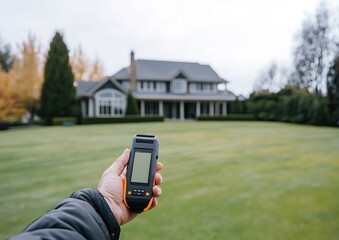 House Temperature Inspection with Infrared Device, Large Home on Green Lawn