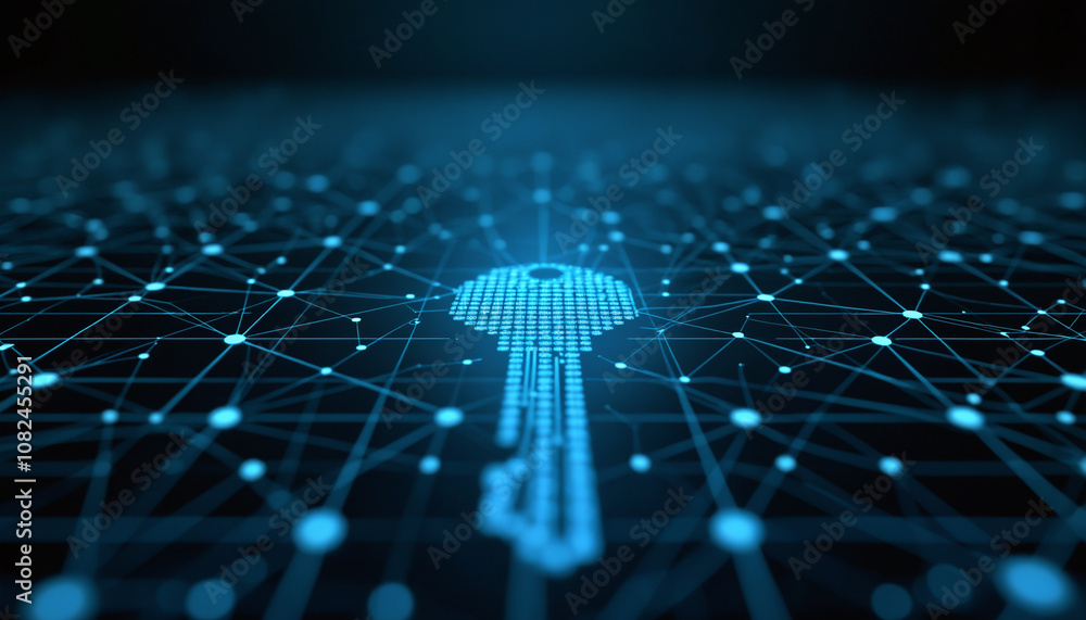 Poster digital key icon with network security: a digital key icon integrated into a network, representing s