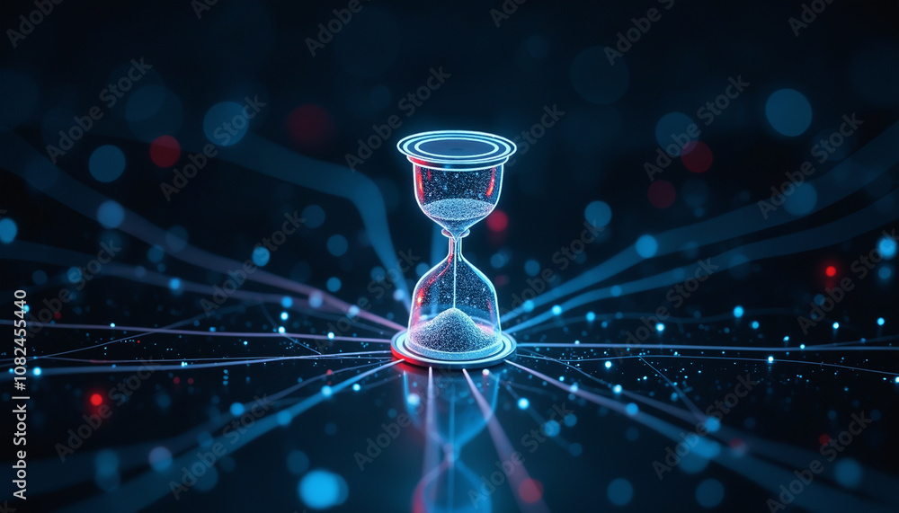 Poster digital hourglass icon with network connectivity: a digital hourglass icon within a network, symboli