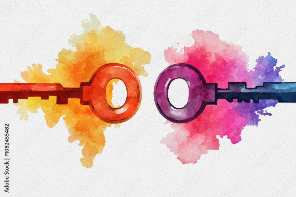 Poster quantum computing of cryptography concept. colorful watercolor keys intersect against a soft, abstra