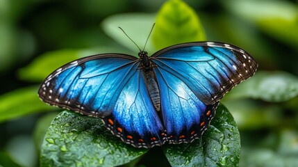 A vibrant blue morpho butterfly with black and white markings rests on a lush green leaf with water droplets.