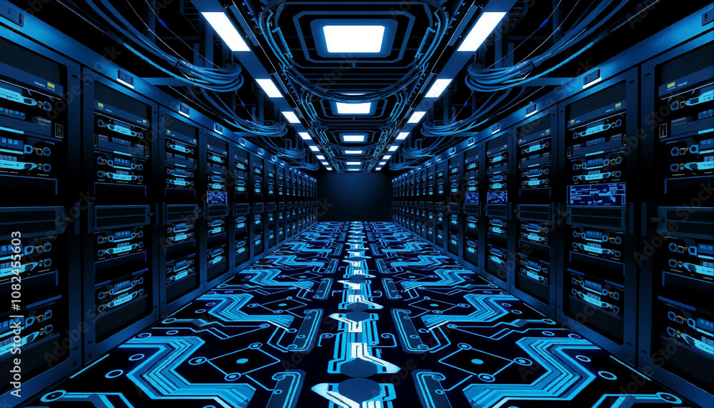 Poster server room with a blue circuit board floor and rows of servers, dimly lit with blue lights. the atm
