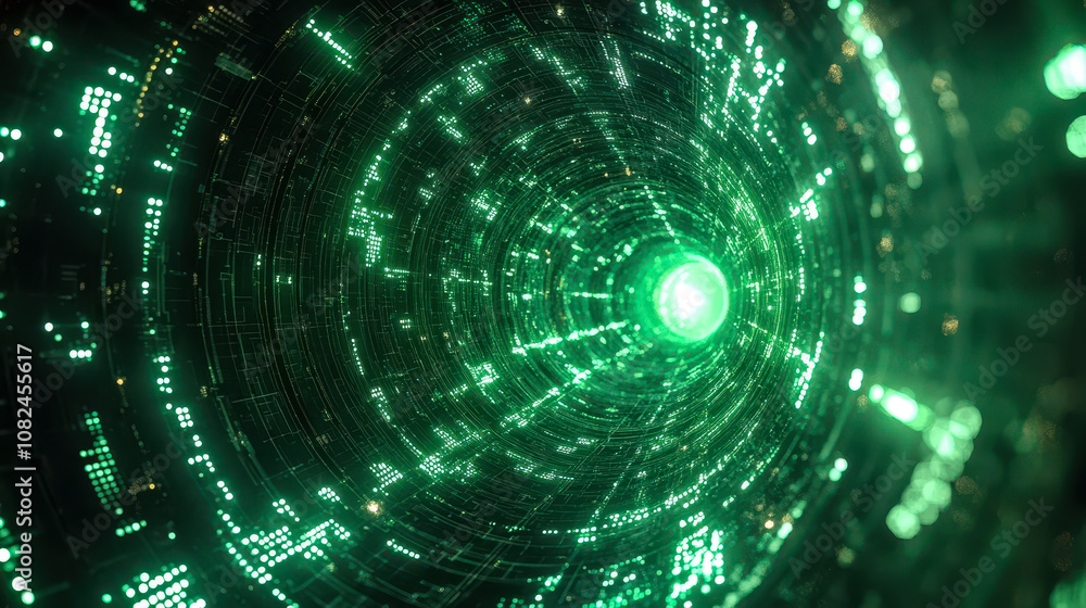 Poster digital matrix gateway with flowing green binary code in futuristic tunnel
