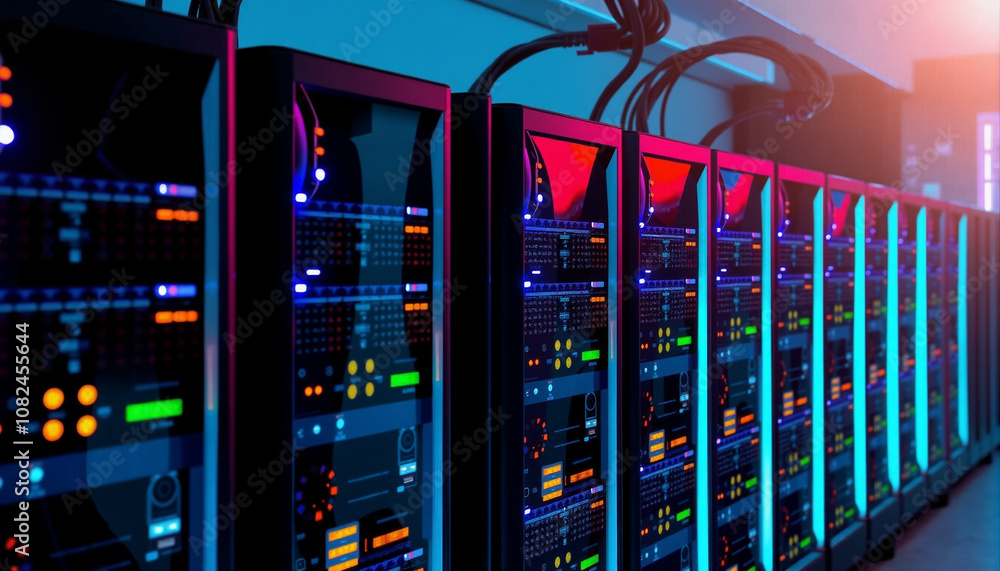 Poster the image shows a row of servers in a data center with vibrant colors and cables, indicating a moder