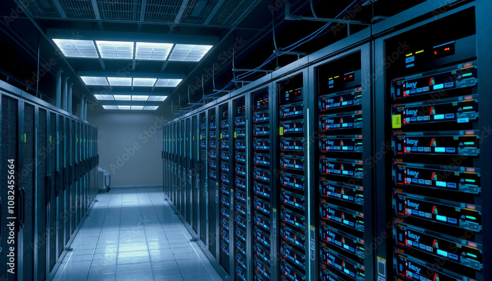 Poster the image shows a large server room with rows of servers, a concrete floor, and blue lights, emphasi