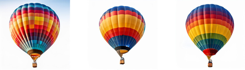 Fototapeta premium Three hot air balloons, each with different colored stripes, float against a white background.