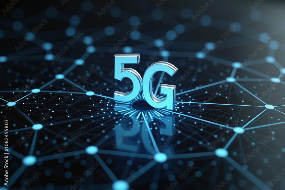 Poster 5g logo on a dark blue background with connected lines and dots, emphasizing advanced communication 