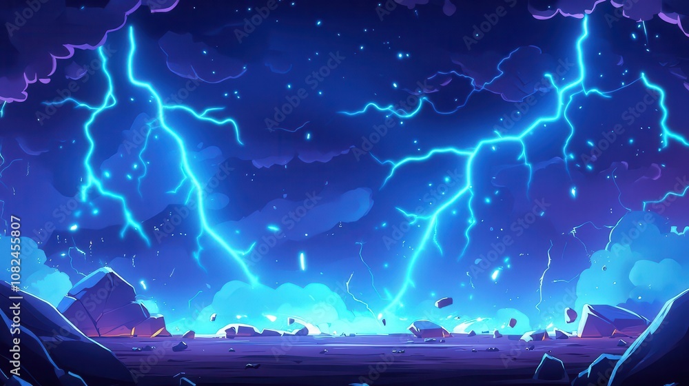 Poster animated lightning bolts strike vividly in a cartoon style, electrifying the scene with dynamic ener
