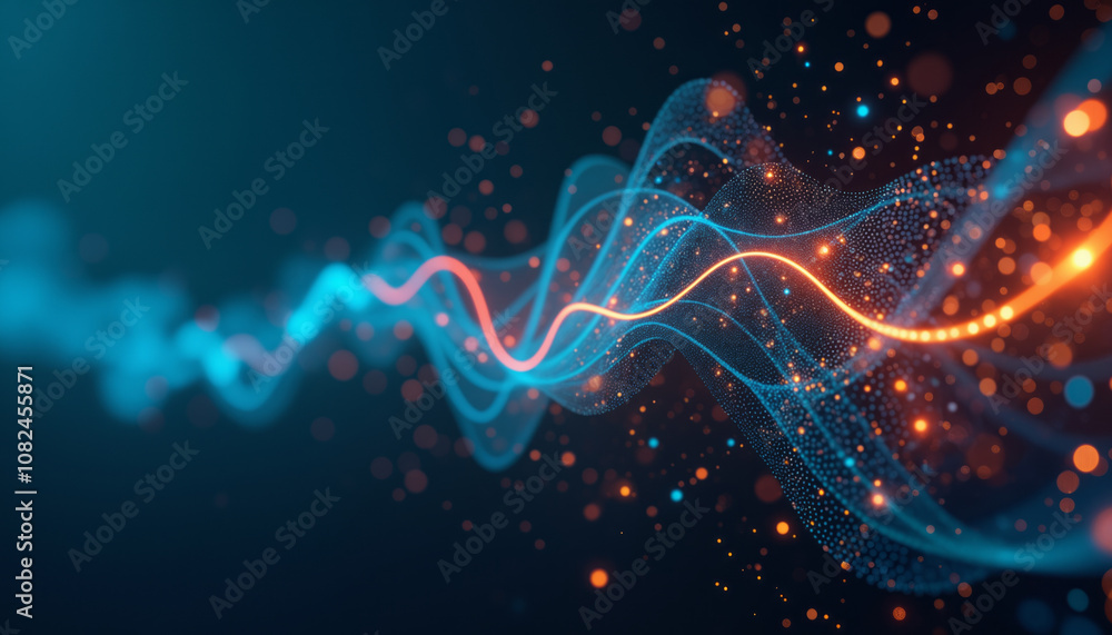 Poster digital energy and data flow are illustrated with a wave-like pattern of glowing blue and orange lin