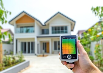 Energy-Efficient Home Inspection with Thermographic Camera, Focused on Central Heat Maps and Data Display, Highlighting Green Living and Terraced Garden