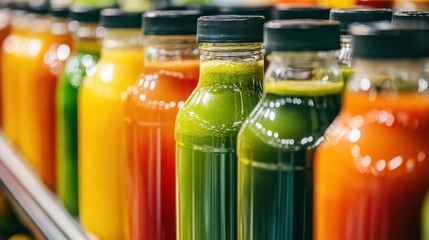 array of fresh, colorful organic drinks and juices in a vibrant supermarket aisle; neatly arranged bottles and cartons beckon with their promise of health, vitality, and refreshing flavors