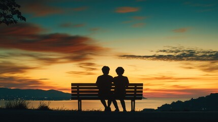 Obraz premium Romantic Sunset Silhouette of a Couple Sitting on a Park Bench Overlooking Serene Water with Vibrant Clouds and Scenic Hills in the Background
