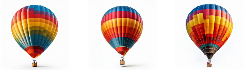 Naklejka premium Three colorful hot air balloons with baskets are lined up, floating against a white background.