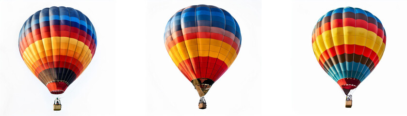 Three colorful hot air balloons are arranged in a row against a plain white background.