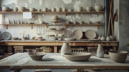 A tranquil ceramics studio with pottery wheels and drying racks, Artists shaping clay into delicate vases and bowls, Modern artisan style