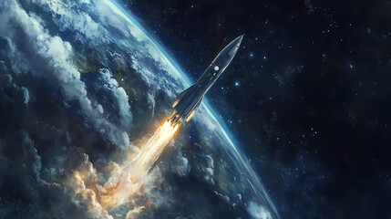 Obraz premium Rocket soaring into the depths of deep space, leaving the earth behind in pursuit of the unknown. Futurity. Illustration
