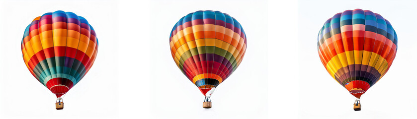 Naklejka premium Three colorful hot air balloons, each with a unique striped pattern, float against a white background.