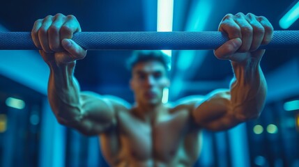 A muscular person focuses intently while executing a pull-up in a contemporary gym, illuminated by colorful lights that enhance the workout atmosphere.