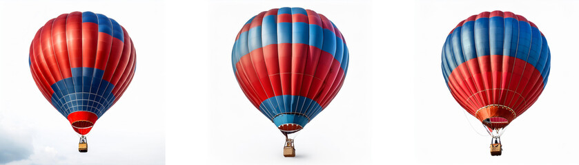 Fototapeta premium Three red and blue hot air balloons, with a white background, are arranged in a row.