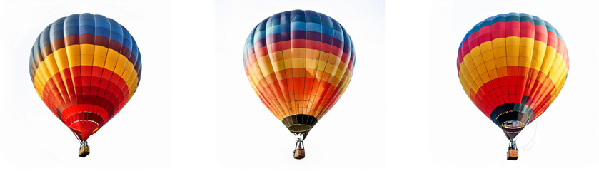 Naklejka premium Three colorful hot air balloons with striped patterns against a white background.