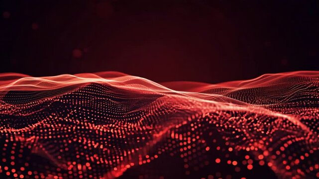 Abstract red wave pattern with glowing dots and lines creates dynamic visual energy, evoking vibrant digital landscape filled with movement and captivating design.