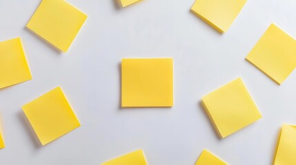 blank sticky note positioned center stage on a pristine white background, inviting messages and reminders, conveying simplicity and organization in a bustling office environment