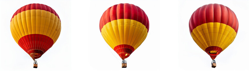 Three yellow and red hot air balloons against a white background.
