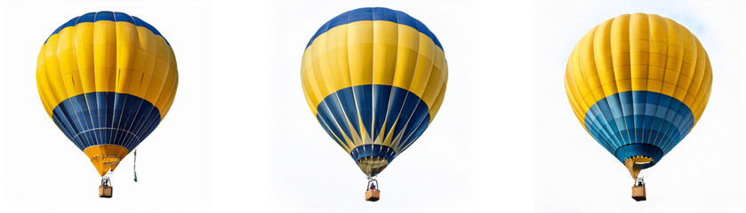 Fototapeta premium Three yellow and blue hot air balloons are displayed on a white background.