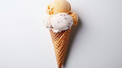 Ice cream cone with multiple scoops of different flavored ice cream on a plain white background