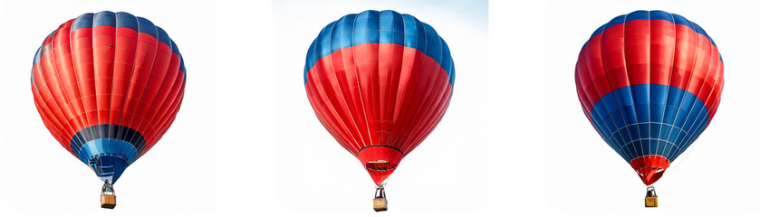 Fototapeta premium Three hot air balloons, red and blue, float against a white sky.