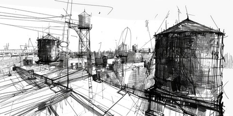 Fototapeta premium An urban sketch of a bridge over a river with cityscape in the background