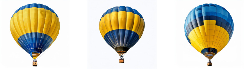 Obraz premium Three yellow and blue hot air balloons are against a white background.