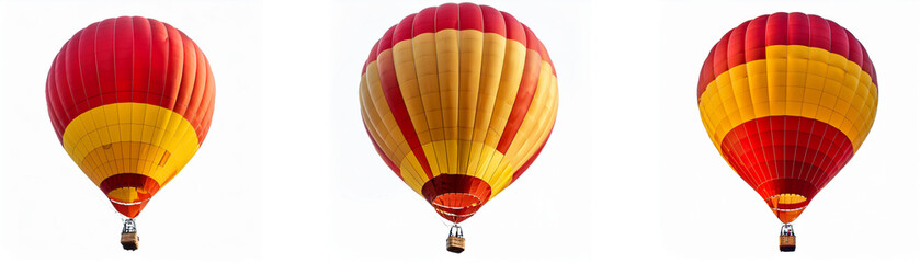 Fototapeta premium Three red and yellow hot air balloons float against a white background.